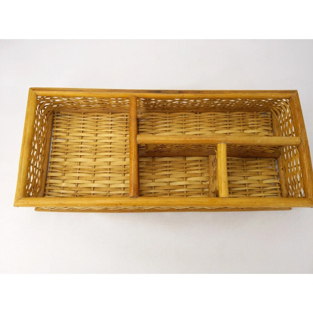 vtg Rattan Utility Tray Tan Woven Wicker 3-Compartment Organizer Desk Bedroom